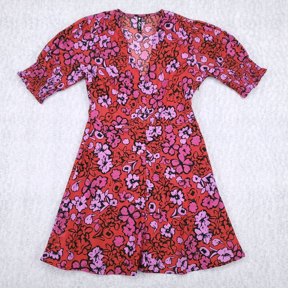 Influence A-line Dress Sz 6 Red Floral Knee-Length Smock Half Sleeve Skater Mini
